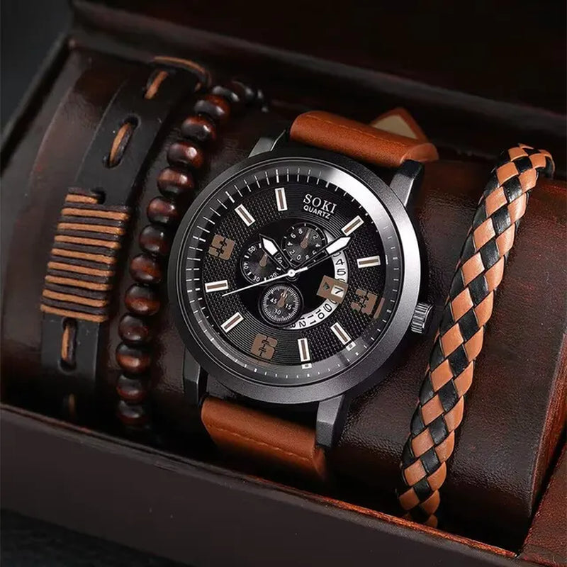 Timeless Sophistication: 4PCS Unisex Watch & Luxury Leather Bracelet Set