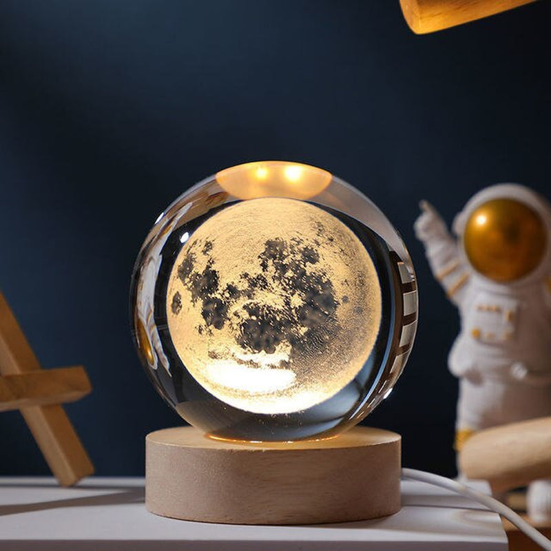 Crystal Ball 3D Laser Engraved Planet Sun System Ball with LED Light Base Home Decor