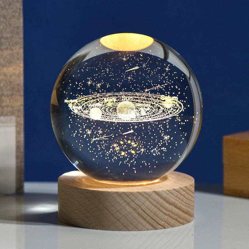 Crystal Ball 3D Laser Engraved Planet Sun System Ball with LED Light Base Home Decor