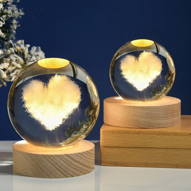 Crystal Ball 3D Laser Engraved Planet Sun System Ball with LED Light Base Home Decor