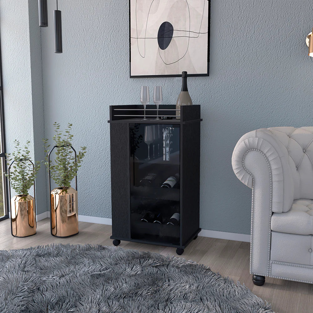 Bar Cart with Two-Side Shelves Beaver, Glass Door and Upper Surface, Black Wengue Finish