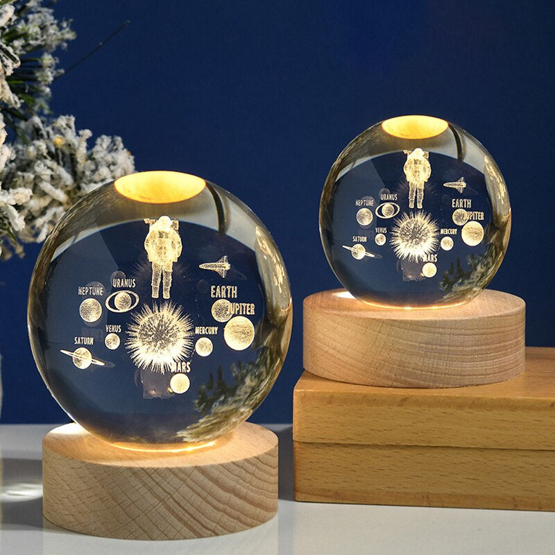 Crystal Ball 3D Laser Engraved Planet Sun System Ball with LED Light Base Home Decor