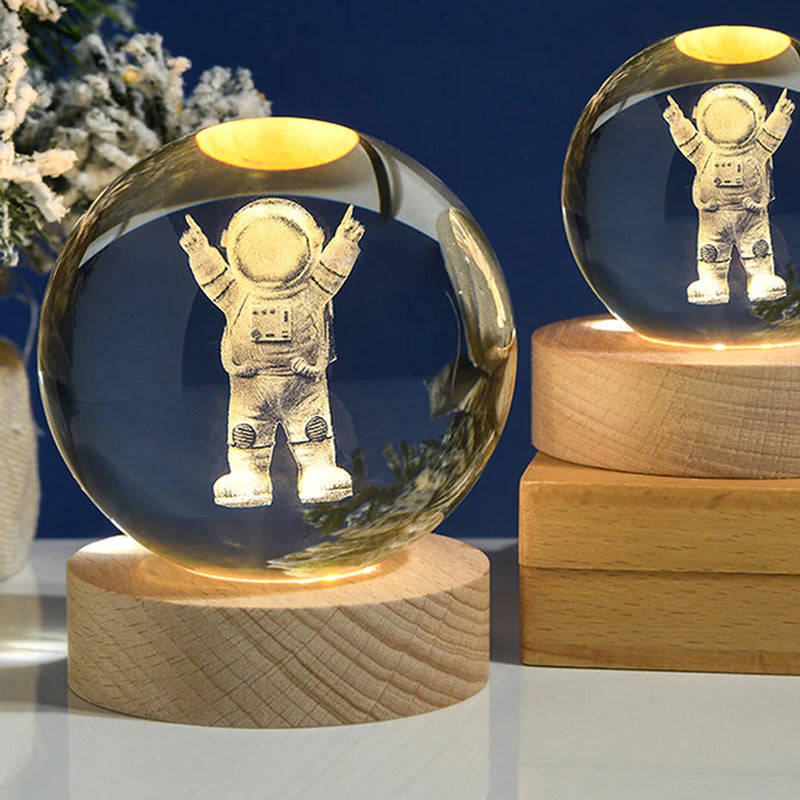 Crystal Ball 3D Laser Engraved Planet Sun System Ball with LED Light Base Home Decor