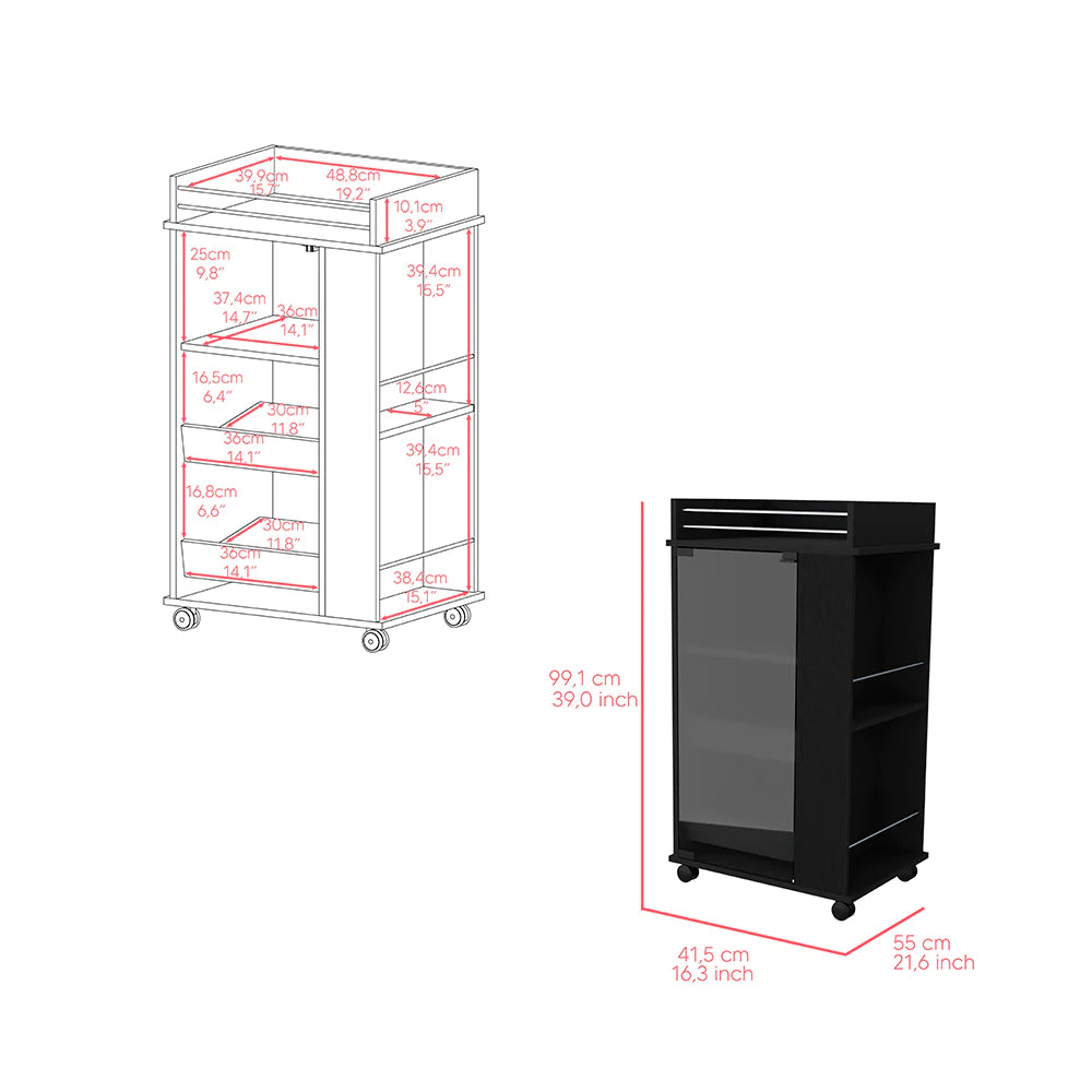 Bar Cart with Two-Side Shelves Beaver, Glass Door and Upper Surface, Black Wengue Finish