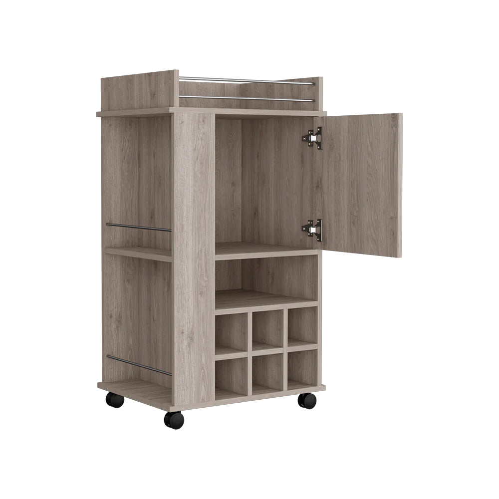 Bar Cart with Casters Reese, Six Wine Cubbies and Single Door, Light Gray Finish