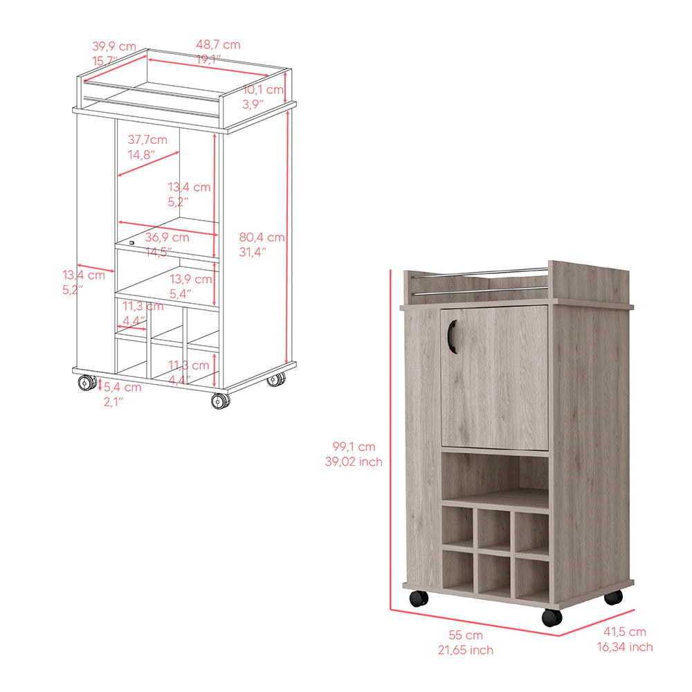 Bar Cart with Casters Reese, Six Wine Cubbies and Single Door, Light Gray Finish