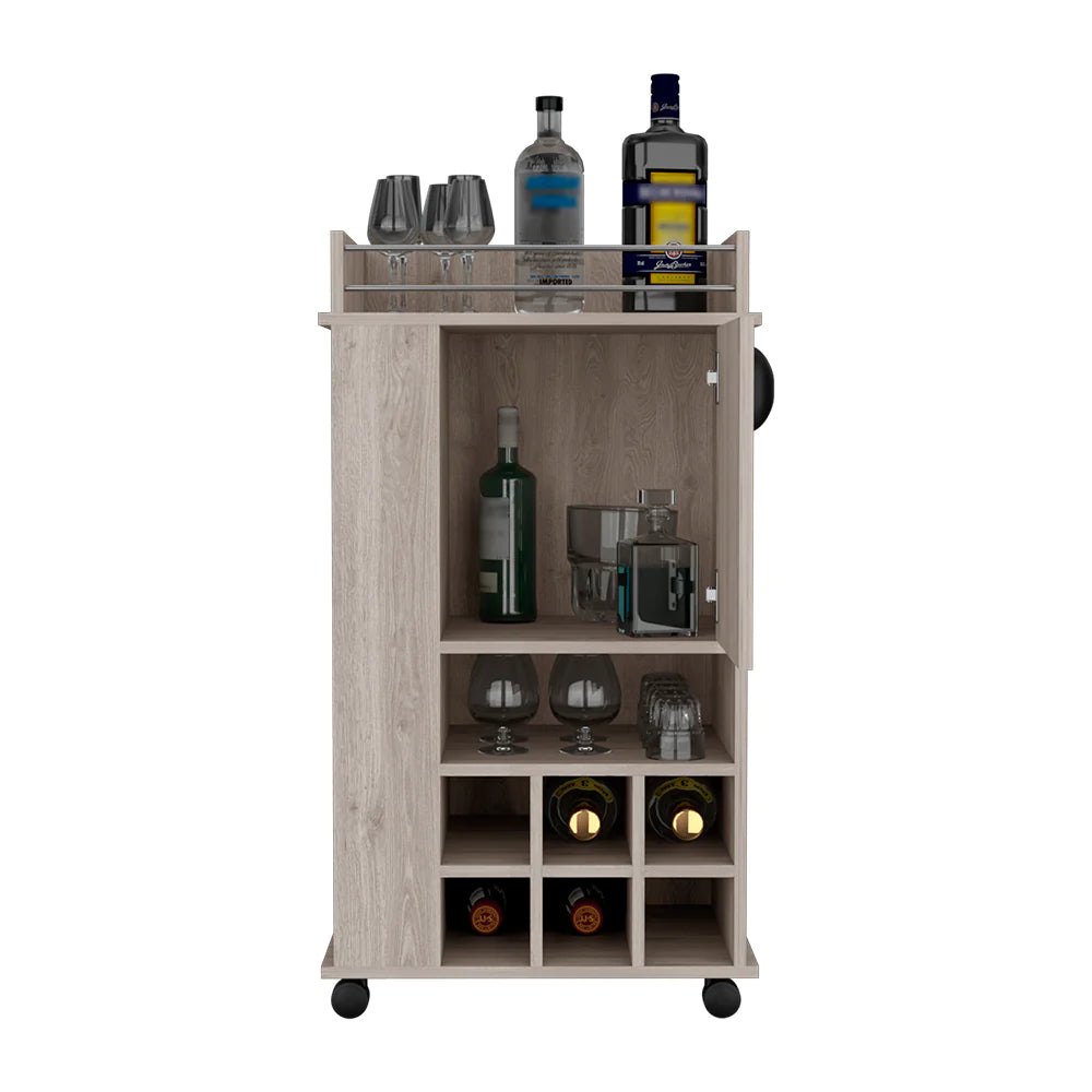 Bar Cart with Casters Reese, Six Wine Cubbies and Single Door, Light Gray Finish