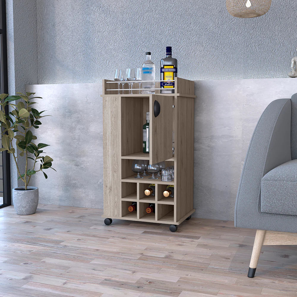 Bar Cart with Casters Reese, Six Wine Cubbies and Single Door, Light Gray Finish