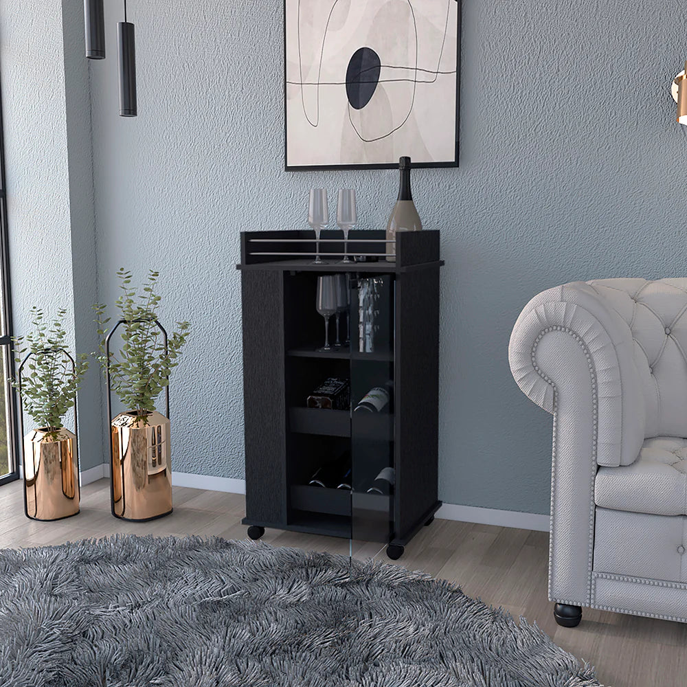 Bar Cart with Two-Side Shelves Beaver, Glass Door and Upper Surface, Black Wengue Finish