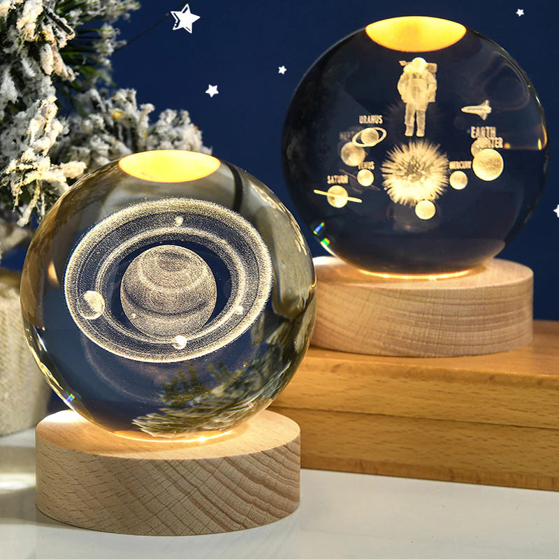 Crystal Ball 3D Laser Engraved Planet Sun System Ball with LED Light Base Home Decor