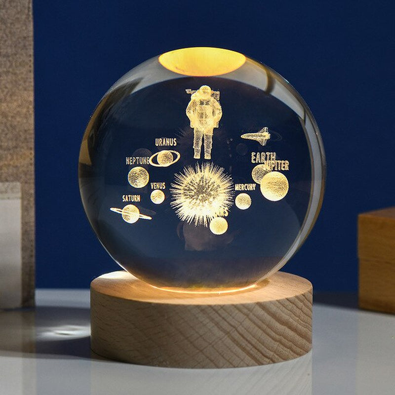 Crystal Ball 3D Laser Engraved Planet Sun System Ball with LED Light Base Home Decor