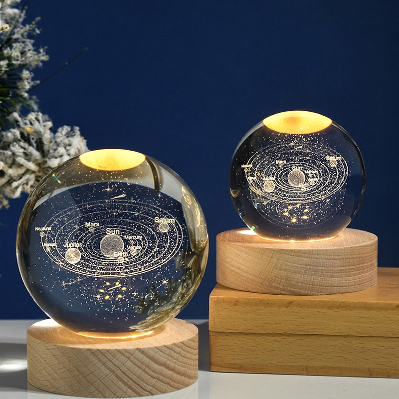 Crystal Ball 3D Laser Engraved Planet Sun System Ball with LED Light Base Home Decor